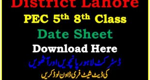 PEC Lahore 5th 8th Class Date Sheet 2022