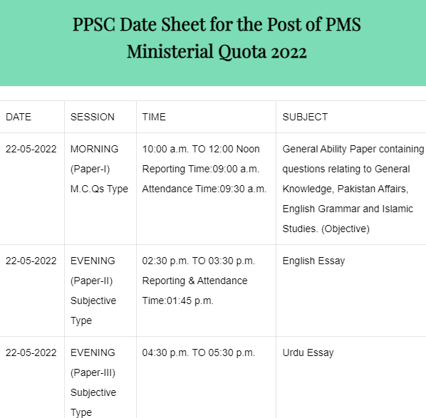 Date Sheet for Provincial Management Service(PMS) 2022