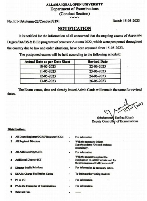 AIOU Revised papers dates 2023