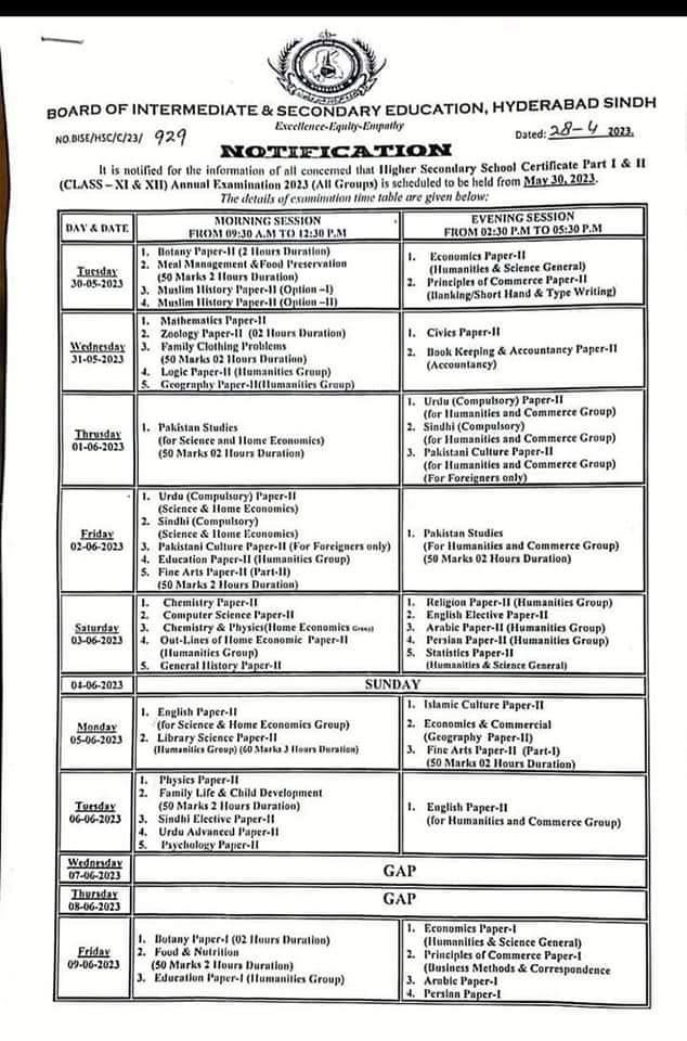 Sindh Hyderabad Inter part 1 Date Sheet 2023