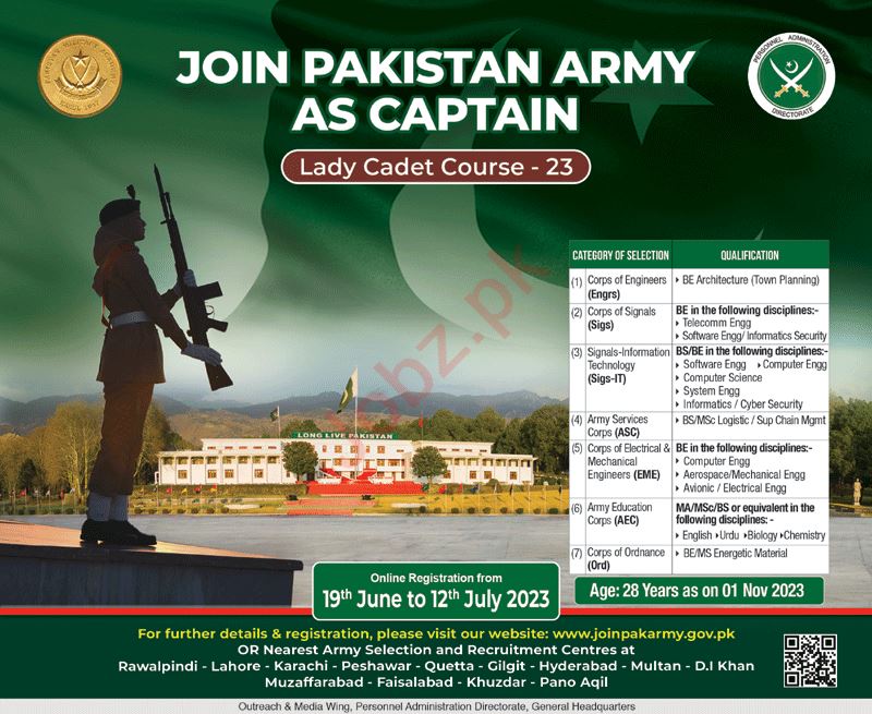 Apply now for Pak Army Captain Lady Cadet Courses 