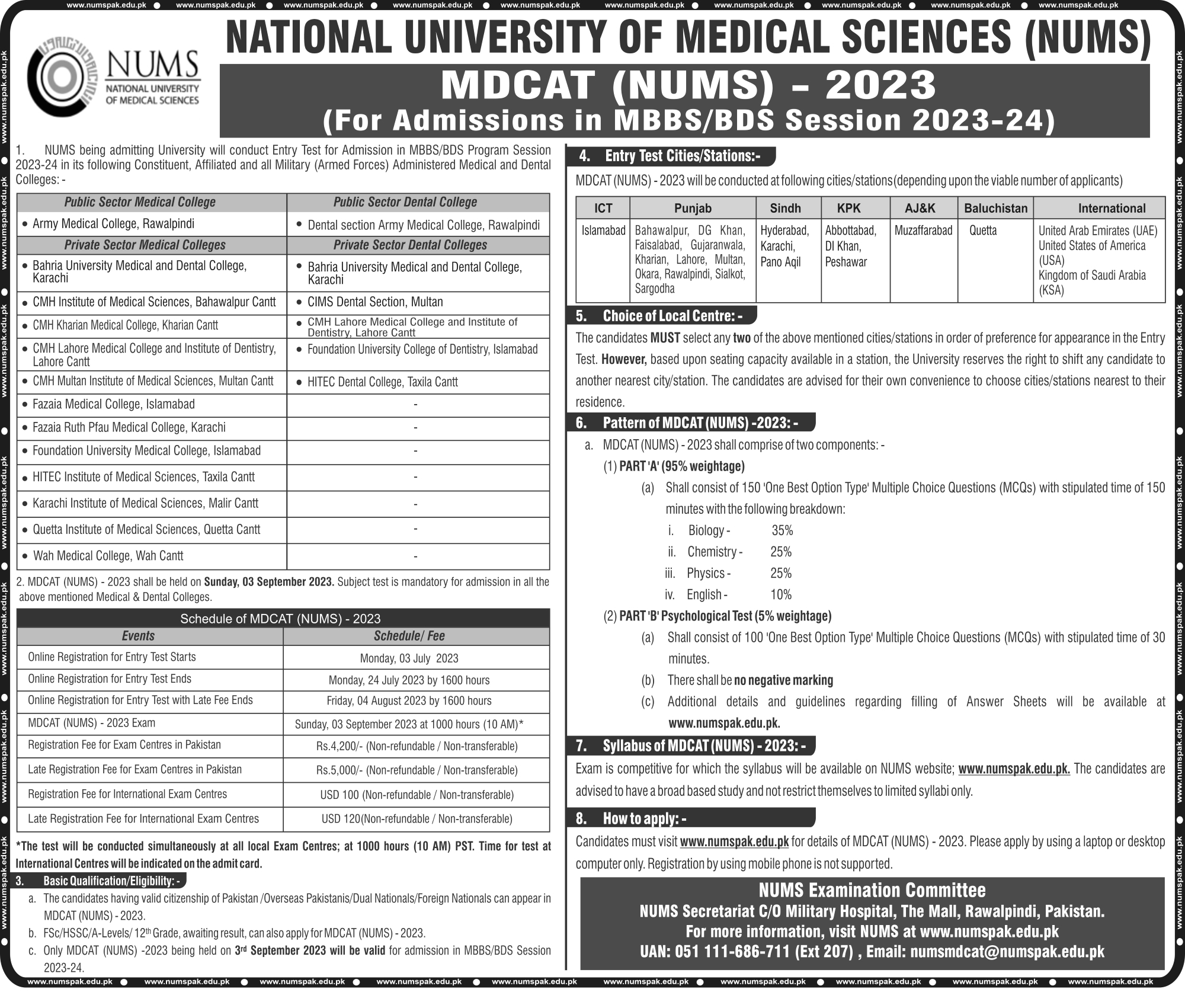 NUMS MDCAT Online Registration and Syllabus 2023
