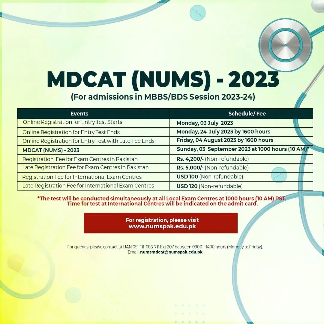 NUMS MDCAT Online Registration closing date